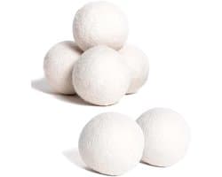 Een set van 6 herbruikbare wollen droogballen, pluisvrij, geschikt voor het drogen van kleding, dierenharen en kledingpluisjes.