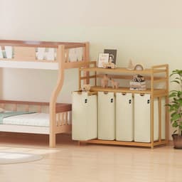 SVN® Wasmand 4 Vakken - Wassorteerder - Wasmand - Bamboe Frame - Beige- ‎104cm x 42cm x 100cm — thumbnail 2