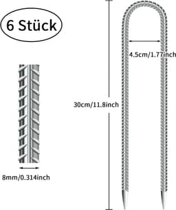 Grondankers - Set van 6 grondpalen - 30 cm lang - U-vormige haak - Tentspijkers - Haakken voor het beveiligen van hek, trampoline, campingauvent, tuinpaal (6 stuks, zilver) — thumbnail 2
