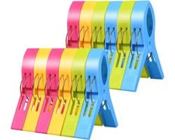 Allecto Plus - Grote Strandhanddoekclips 12 Stuks - Handige Wasknijpers voor Ligbedden en Zwembadstoelen - Felgekleurde Plastic Clips voor Handdoeken - Set van Quiltclips.