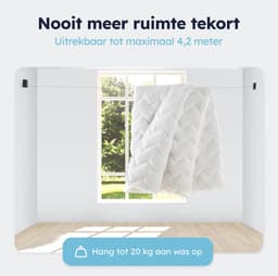 ENISTO® Waslijn - Uittrekbare waslijn - Enkele lijn - 4,2 meter - Zwart - Alternatief droogrek - Wanddroogrek - Waslijndraad uittrekbaar - Roldrooglijn - Wasdraad - Ruimtebesparend - Met of Zonder boren — thumbnail 3