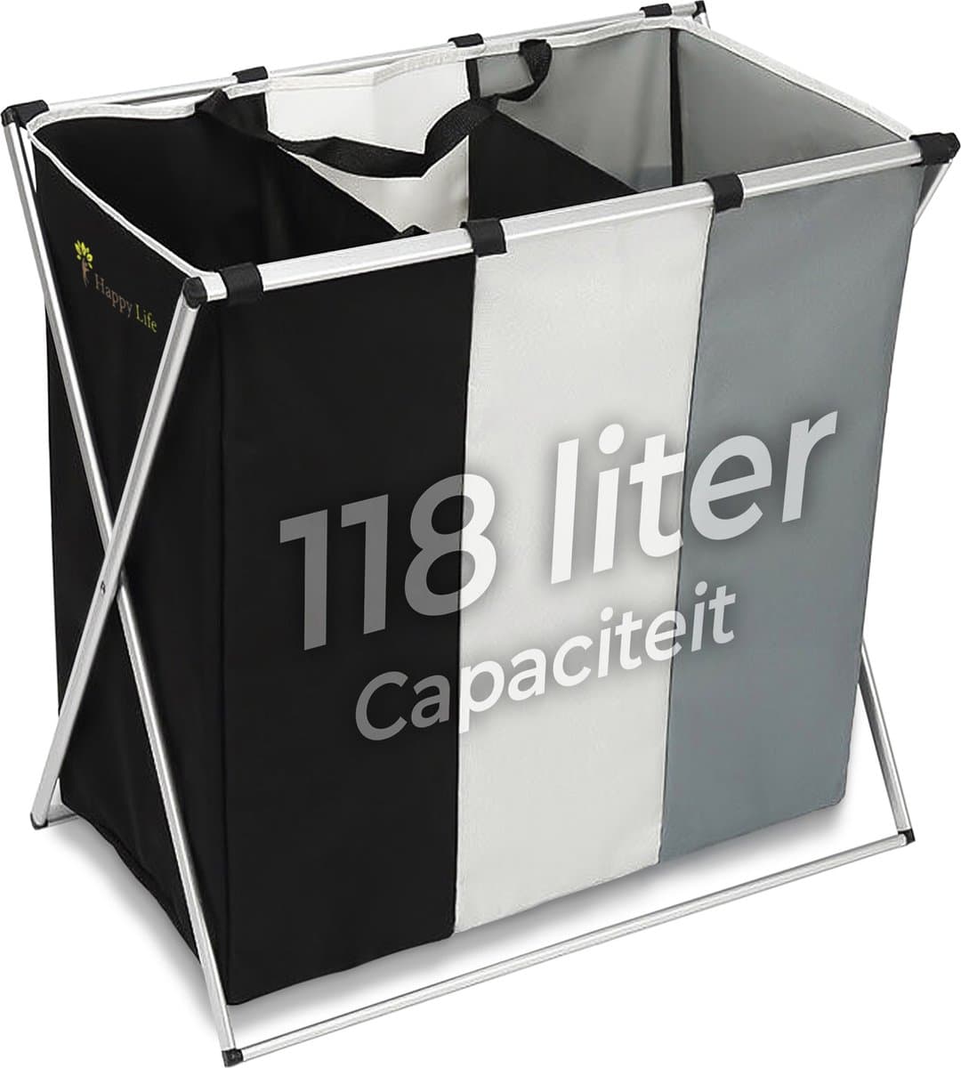 Wasmand 3 Vakken – Wassorteerder 118 L – Opvouwbaar – Aluminium Frame – Zwart/Grijs/Wit — afbeelding 1