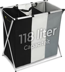 Wasmand 3 Vakken – Wassorteerder 118 L – Opvouwbaar – Aluminium Frame – Zwart/Grijs/Wit — thumbnail 1