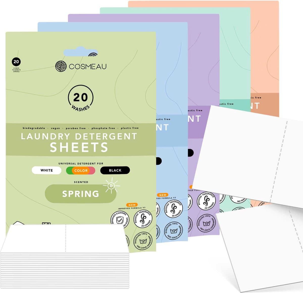 Cosmeau Proefpakket 6x20 Wasmiddeldoekjes Wasstrips 120 Wasbeurten - Lentefris - Lavendel - Zeebries - Kersenbloesem - Wilde bossen - Wolkendek - Wasvellen - Wasmiddel - Detergent Sheets - Wasdoekjes — afbeelding 1