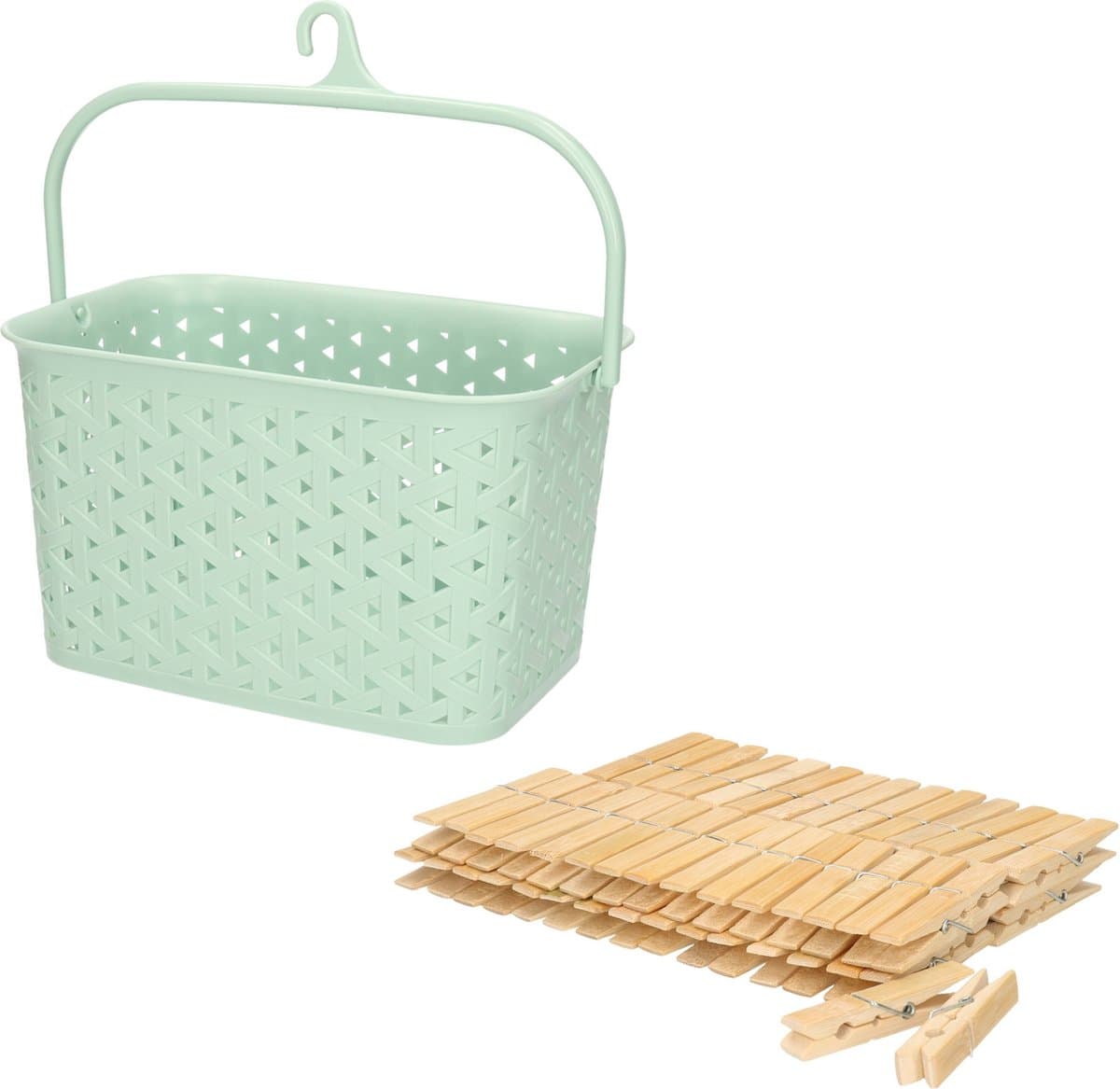 Wasknijpersmandje met ophanghaak - mintgroen - en 60x houten wasknijpers 7 cm - was ophangen — afbeelding 1