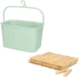 Wasknijpersmandje met ophanghaak - mintgroen - en 60x houten wasknijpers 7 cm - was ophangen — thumbnail 1