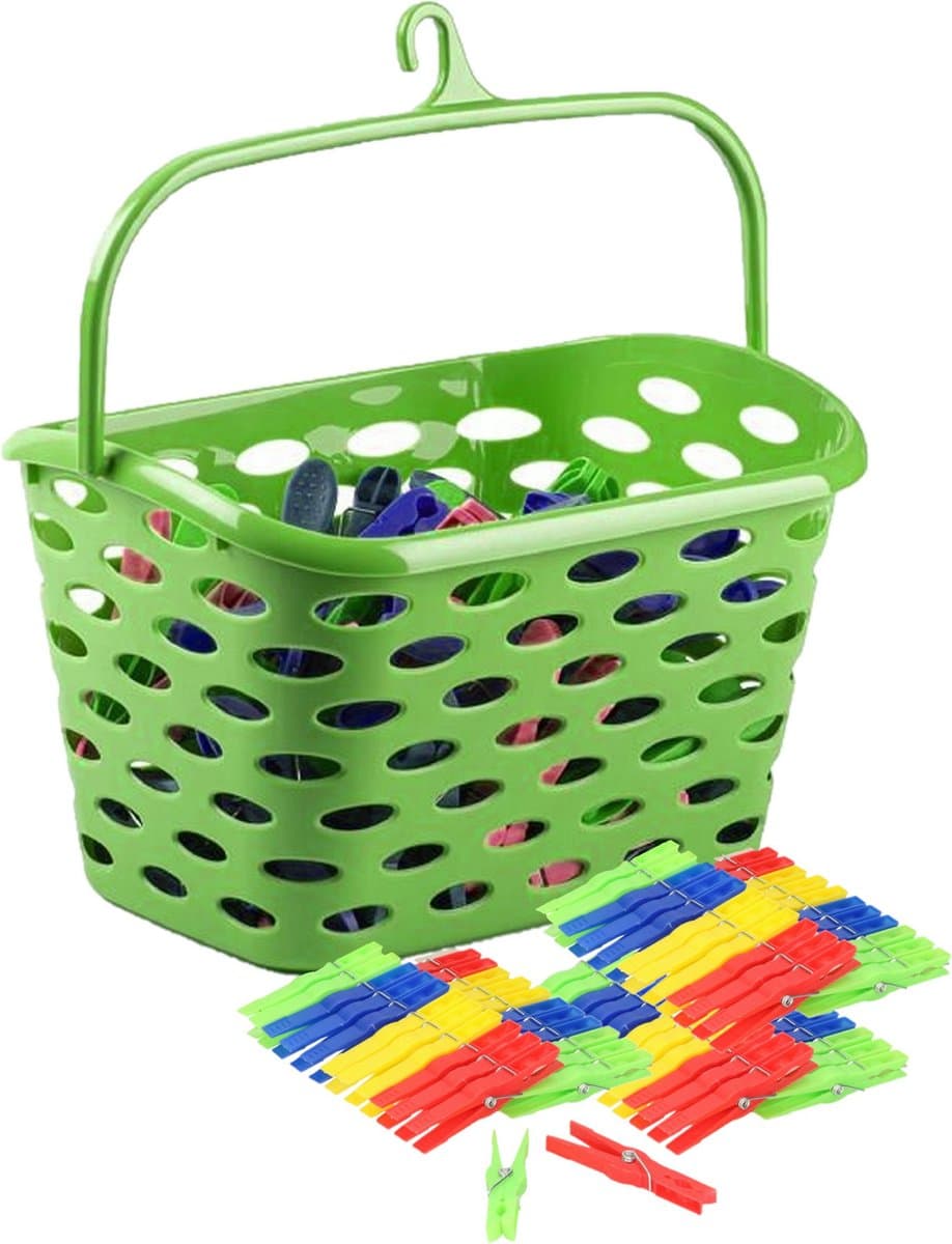 Plasticforte Wasknijpers ophang mandje/bakje - groen - met 72x plastic knijpers — afbeelding 1
