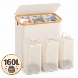 YYchan Wasmand 3 Vakken-Wasmand Met Deksel-Wassorteerder Bamboe-Oxford-Stof-Laundry Basket-Classificatielabel-Beige-160L — thumbnail 1