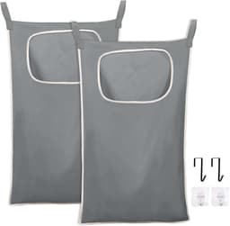 Waszakken om aan de deur op te hangen, compact en ruim met haken van roestvrij staal en ritssluiting, wasmand organizer voor badkamer, slaapkamer, kinderen, muur (grijs) — thumbnail 1