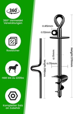 SnelShoppen - Pro Ground Anchor 37 cm - Extra Stabiele Spiralanker tot 100 kg voor Grote Honden - Roestbestendig, Ideaal voor Strand, Camping, Tuin en — thumbnail 5