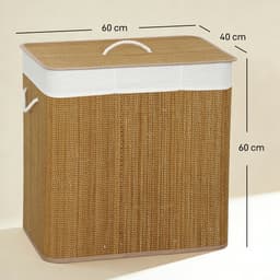Bamboe wasmand met deksel - Wasmand 3 vakken 144 liter - Wassorteerder met touwhandvatten - Wasbox met deksel - 60x40x60 cm - Was scheiden - Badkamer Natuurlijk — thumbnail 5