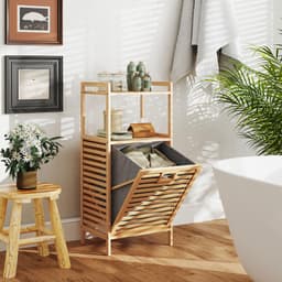 COSTWAY Badkamerrek met wasmand, bamboe plank, badkamerkast met 2 planken en uitklapbare mand van stof, wasverzamelaar voor badkamer, bijkeuken, natuur, 43,5 x 33 x 96 cm — thumbnail 4
