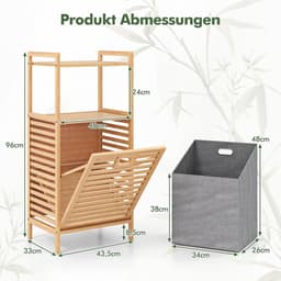 COSTWAY Badkamerrek met wasmand, bamboe plank, badkamerkast met 2 planken en uitklapbare mand van stof, wasverzamelaar voor badkamer, bijkeuken, natuur, 43,5 x 33 x 96 cm — thumbnail 2