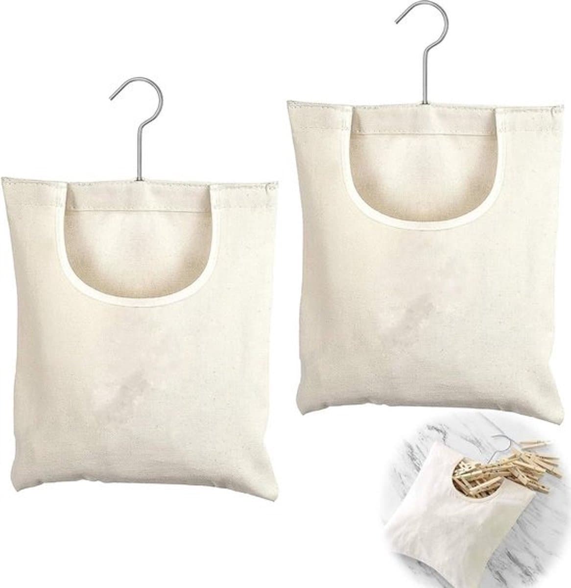 Wasknijperzakken 27 x 32 cm met beugel - Linnen tas om op te hangen - Herbruikbare organizer voor badkamer of garderobe (Beige) — afbeelding 1