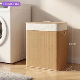 Bamboe wasmand met deksel - 2 vakken - 100 liter - Touwhandvatten - Uitneembare waszak — thumbnail 2