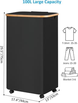Wasmand met wielen, 100 liter, zwart, bamboe-frame, gemakkelijk te verplaatsen, houdt stof en geuren buiten — thumbnail 3