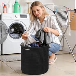 Gevlochten, opbergmand met handvatten, wasverzamelaar handgemaakt, mand voor opberging van dekens, speelgoed, knuffels, kleding, zwart — thumbnail 5