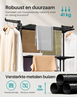 Tremeo Inklapbaar Droogrek - Wasrek - Droogtoren - 4 Niveaus - Op wieltjes - Veel ruimte - Opvouwbaar - Zwart - 125x63x173 cm — thumbnail 3