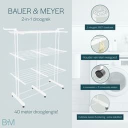 BAUER & MEYER® - Droogrek XL - Wasrek Inklapbaar - 40 Meter drooglengte - Incl. 20 wasknijpers + 1x wasmand - 170 x 134 x 65 cm - Wit — thumbnail 3