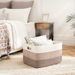 Dekentjesmand, rechthoekige geweven manden voor opslag, 65 liter - wasmand voor decoratieve kinderkamer, speelgoed, vuile kleding en tijdschriften in kasten, babykamer en woonkamer - Kaki — thumbnail 3