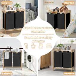 Wasmand met bamboeframe, afneembare en wasbare Oxford-stoffen zak, 2 aparte vakken, wassorteerder voor huishouden, zwart, 73 x 64 x 33,5 cm — thumbnail 4