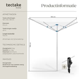 tectake® Droogmolen - 150 x 150 x 196 cm - Droogrek - Wasmolen van Aluminium - Draaibaar en in Hoogte Verstelbaar - Inclusief Voet — thumbnail 5