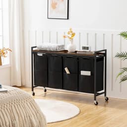 Home & Beyond® Wassorteerder met 4 Vakken en Bovenblad - Wasmand op Wielen met Uitneembare Waszakken - Zwart en Vintage Houtlook - 110,5 x 33 x 74,5 cm — thumbnail 5