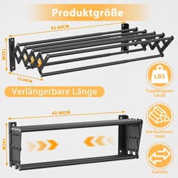 Uittrekbaar Wanddroogrek RVS - 42-80cm - 7 Droogstangen - Draagkracht 25kg - Voor Balkon, Badkamer & Wasruimte — thumbnail 5