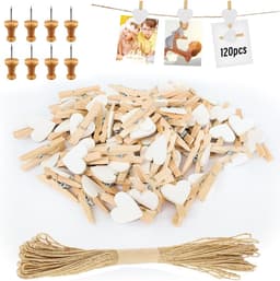 Wasknijpers, 120 Stuks, Kleine Hartjes, Mini-Wasknijpers, Bruiloft, Kleine Houten Knijpers Voor Polaroid Foto'S, Met 10 M Jute Koord, Doe-Het-Zelf Voor Fotowand, Display, Feest (Wit) — thumbnail 1