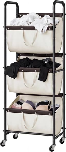 SAYS Wasmand met 3 Vakken, Wasmand op Wieltjes, Organisatie en Opbergruimte voor de Wasruimte, Waskar met 3 Vakken op Wieltjes voor Studentenkamers, Badkamers, Slaapkamers en Kasten, Beige — thumbnail 1