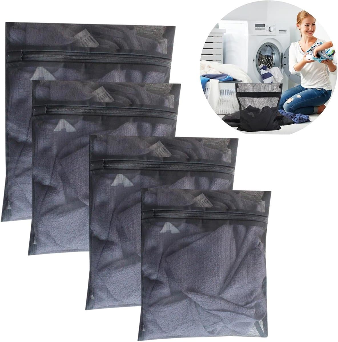 4-delige wasnet set voor wasmachine, waszak met rits, ideaal voor bh's, sokken en babykleding in 3 maten (zwart) — afbeelding 1