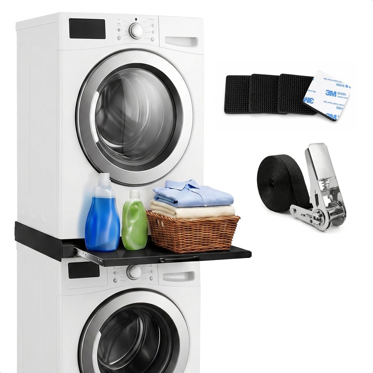 Tussenstuk voor Wasmachine & Droger - Extra stevig - Stapelkit - Met uitschuifbare plank - Universeel - Droogkast - Meubel - Skoov — afbeelding 1