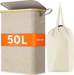 Wasmand met Deksel 50 Liter - Smalle Kledingmand met Uitneembare Waszak - Bamboe Frame - Opvouwbare Wasmand met Handgrepen - Beig — thumbnail 2