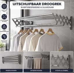 BSS® Wanddroogrek Inklapbaar 80 cm – RVS Wanddroger voor Kleding – Ruimtebesparend Droogrek voor Wasgoed, Handdoeken en Kleding – Voor Binnen en Buiten — thumbnail 4