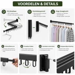 BSS® Wanddroogrek Inklapbaar 120 cm – Uittrekbaar Wandwasrek met 3 Niveaus – 18 Haken en Handdoekhouder – Ruimtebesparend Droogrek voor Balkon, Badkamer en Bijkeuken — thumbnail 4