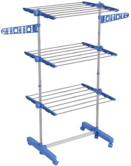 Opvouwbare Wasdroger Toren met Wielen 142x55x152cm Blauw Staal 3 Niveaus Zijvleugels 6 Zwivelwielen met Remmen — thumbnail 2