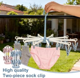 Thijox - 2 stuks sokkendroger hangend, sokken ophanger met 20 clips, ideaal voor wasrek, camping, ondergoed en kleine kleding - Roze, Blauw — thumbnail 2