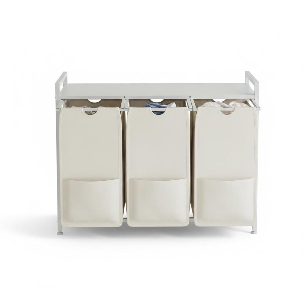 Wasmand 3 Vakken Wit – Wassorteerder met Opbergplank – Metalen Frame met MDF – 92,5x33x72 cm – Uitneembare Zakken – Moderne Wassorteerder voor Badkamer, Slaapkamer en Hal — afbeelding 1
