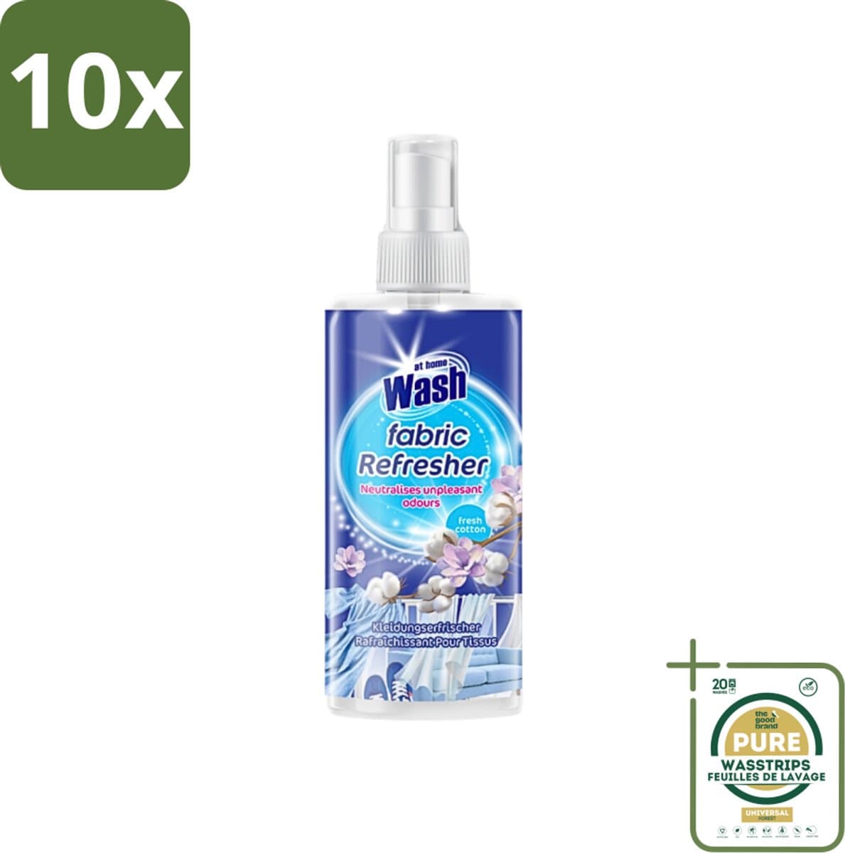 10 x At Home - Wash - Textielverfrisser - Fresh Cotton - Neutraliseert Onaangename Geuren - 300 ml - Grootverpakking - Textielverfrisser - Katoengeur - Geur Neutraliseren - Kleding Verfrissen - Stoffen Verfrissen — afbeelding 1