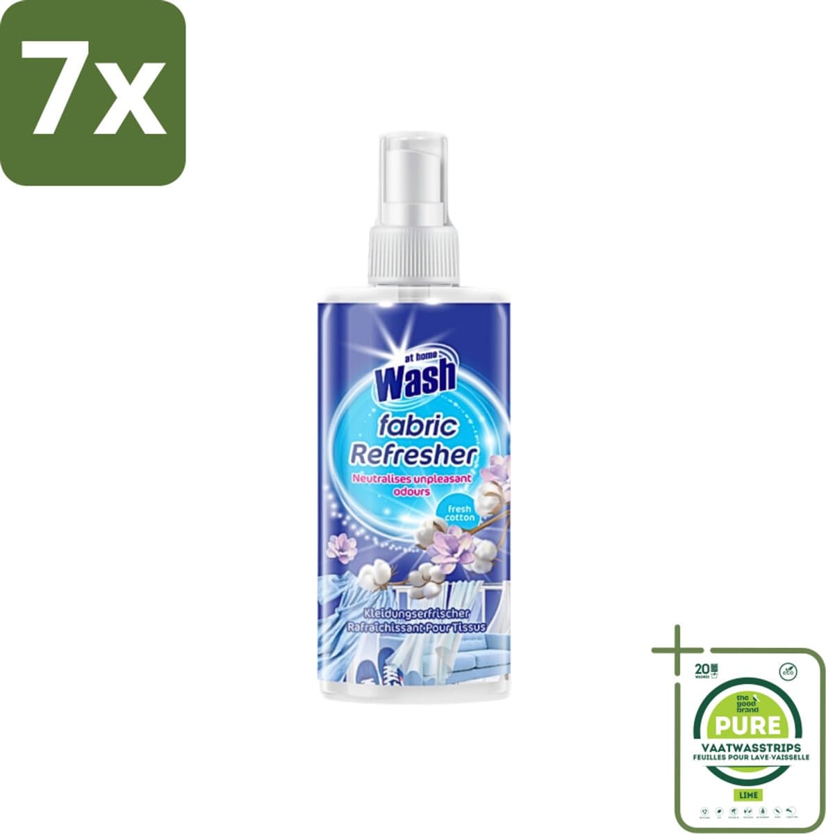 7 x At Home - Wash - Textielverfrisser - Fresh Cotton - Neutraliseert Onaangename Geuren - 300 ml - Grootverpakking - Textielverfrisser - Katoengeur - Geur Neutraliseren - Kleding Verfrissen - Stoffen Verfrissen — afbeelding 1