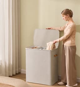 Conway Living® - Wasmand met 3 Vakken - 190 Liter - Wasbox met Deksel en Uitneembare Waszak - Wassoorteerder - Inklapbaar - Cappuccino Beige - 64x40x75 cm — thumbnail 2