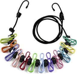 Draagbare waslijn - Waslijn met 12 Gekleurde Wasknijpers - Elastische Waslijn - Waslijn Camping - Wasdraad - Verlengd tot 3 meters - Drooglijn - Weerbestendig - 1.8 m Drooglengte - voor reizen, vakantie, outdoor, camping, slaapzaal - Zwart — thumbnail 1