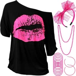jaren 80 Kostuum Accessoires Set, Lips Print T-Shirt Kant Hoofdband Oorbellen Ketting Armband voor 80s Thema Party (Rose Red, L) — thumbnail 1
