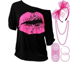 jaren 80 Kostuum Accessoires Set, Lips Print T-Shirt Kant Hoofdband Oorbellen Ketting Armband voor 80s Thema Party (Rose Red, L)