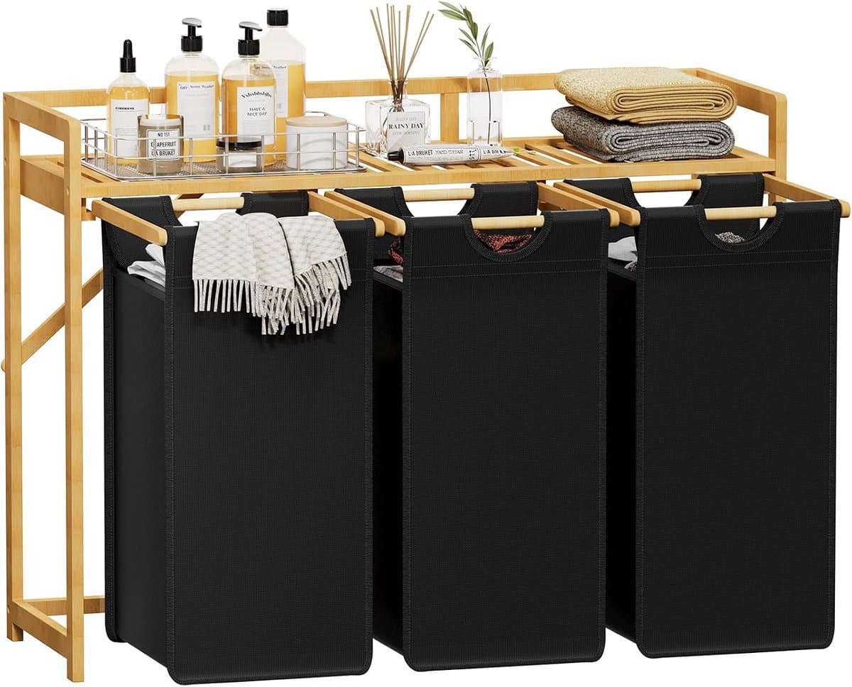 Wasmand met bamboeframe, 150 liter, wasverzamelaar, 3 vakken, afneembare wasbox, bamboe, wassorteerder voor kleding, handdoeken, speelgoed, 96. 2 x 33,4 x 72 cm, zwart — afbeelding 1