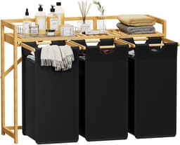 Wasmand met bamboeframe, 150 liter, wasverzamelaar, 3 vakken, afneembare wasbox, bamboe, wassorteerder voor kleding, handdoeken, speelgoed, 96. 2 x 33,4 x 72 cm, zwart — thumbnail 1