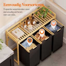 Wasmand met bamboeframe, 150 liter, wasverzamelaar, 3 vakken, afneembare wasbox, bamboe, wassorteerder voor kleding, handdoeken, speelgoed, 96. 2 x 33,4 x 72 cm, zwart — thumbnail 5