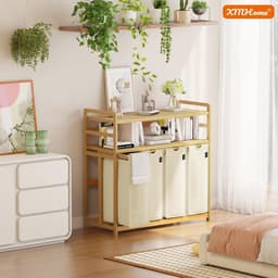 198 liter wasverzamelaar, 4 vakken, wasmand met dubbele plank | bamboe wasbox met uitneembare waszakken, ruimtebesparend voor badkamer, slaapkamer, waskeuken, beige — thumbnail 4
