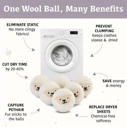 SnelShoppen - Wool Dry Balls - 6 Stuks, 100% Natuurlijk Wol, Snellere Droogtijd, Schattig Dierontwerp, Maakt Was Zacht, Opbergdoos Inclusief, Wit — thumbnail 4