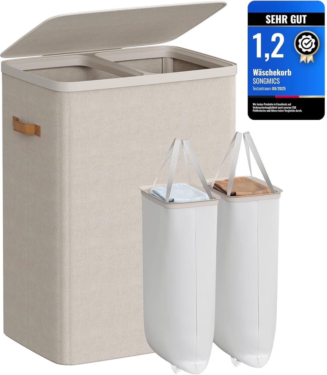 Songmics wasmand, 170 liter, 2 compartimenten, met deksel en handvatten — afbeelding 1